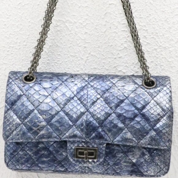 Chanel Blue/Silver Quilted Python Reissue 2.55 Classic Flap Bag 13874706 - Picture 1 of 15